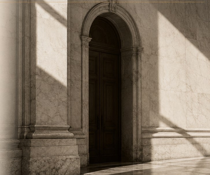 A marble doorway, late-afternoon light falling across the threshold.